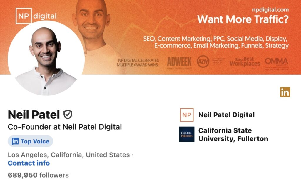 Neil Patel‘ LinkedIn profile