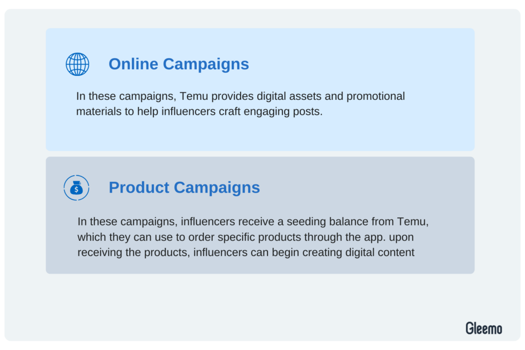 Temu offers two main types of campaigns