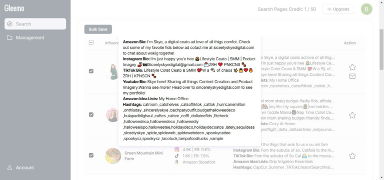 Analyze Influencer Bios Across Amazon, Instagram, TikTok & YouTube Screenshot showing the detailed bios analysis feature for influencers across Amazon, Instagram, TikTok, and YouTube.