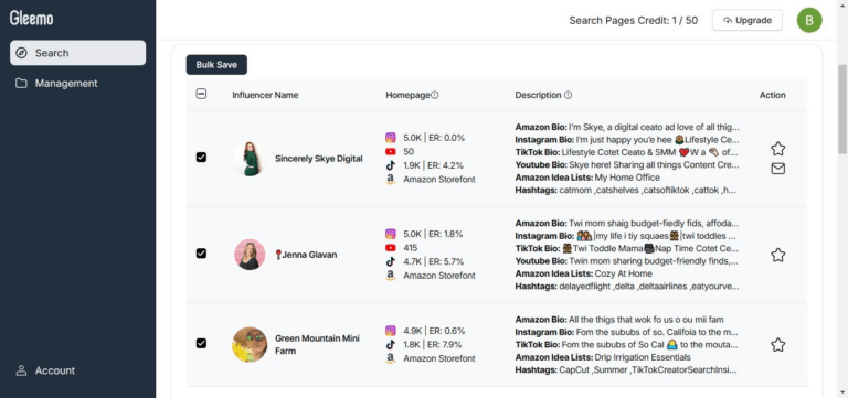 Bulk Save Influencer Profiles on Gleemo for Campaign Efficiency Screenshot demonstrating how to bulk save influencer profiles on the Gleemo platform for campaign management.