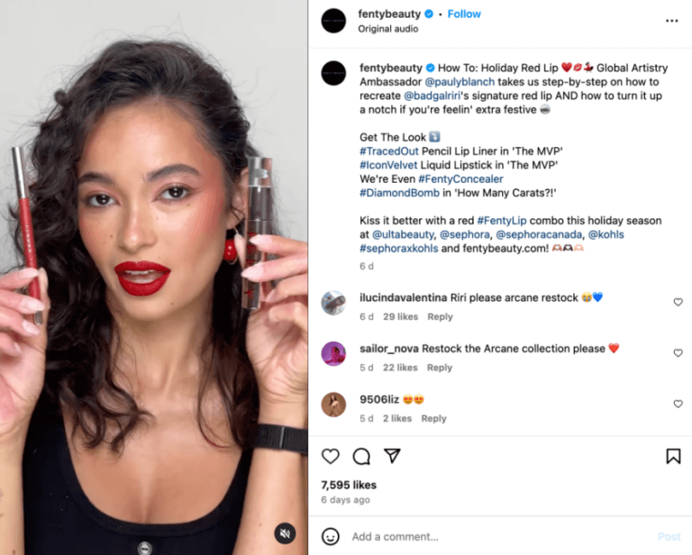 "Fenty Beauty Instagram Influencer Marketing Campaign " Instagram post of Fenty Beauty’s influencer marketing campaign featuring a makeup tutorial with product tags.