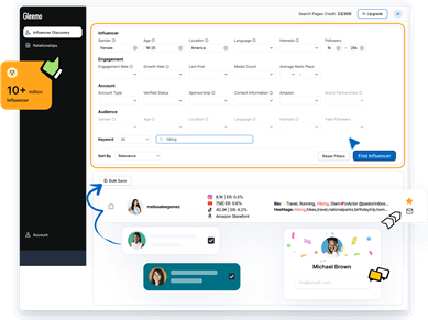 Gleemo Influencer Discovery and Management Platform Interface Screenshot of Gleemo influencer discovery dashboard showing filters and influencer search results