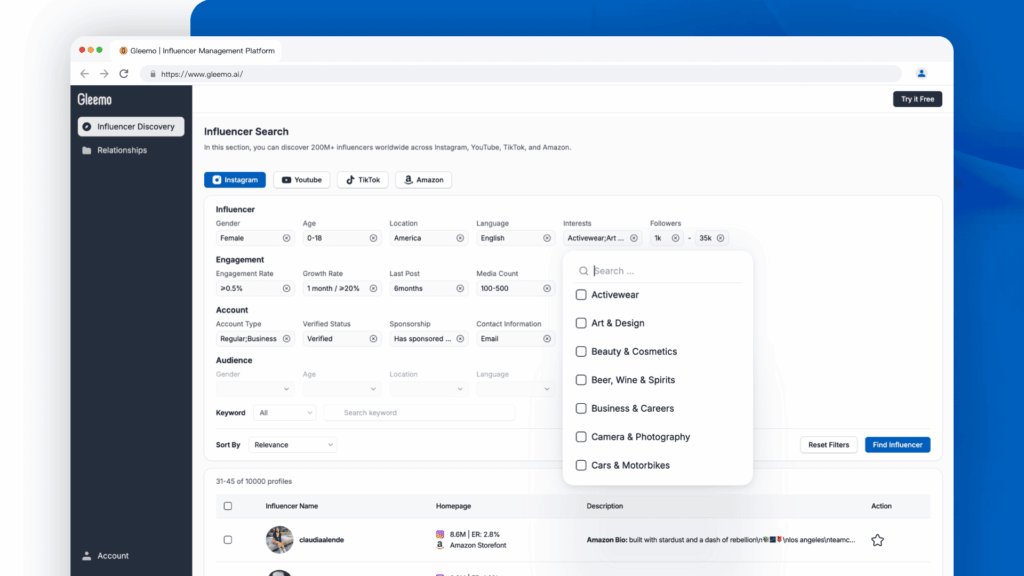 Gleemo's influencer search tool